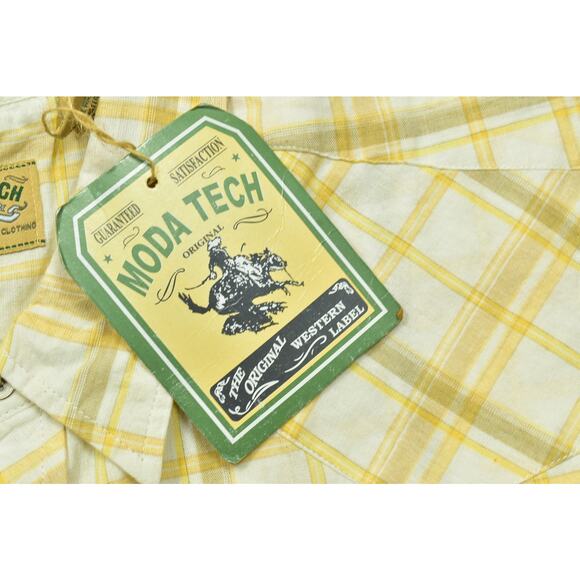Moda Tech Men's Yellow Plaid Western Snap Shirt Short Sleeve Regular Size L NWT - Picture 8 of 8